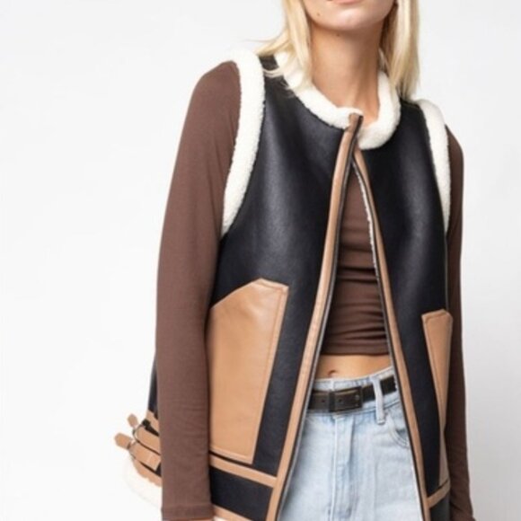 Women's Faux Fur Vest Coat Size Medium / Large Black Brown - Picture 1 of 3